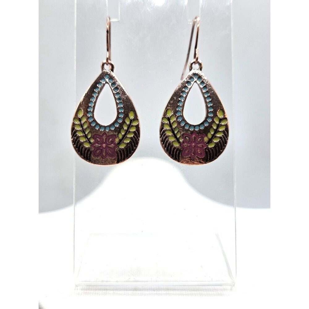 Boho-Inspired Teardrop Earrings With Floral & Leaf Enamel Design Copper-Toned Ho